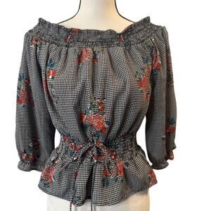 OLM Women’s Houndstooth Floral Top Size L